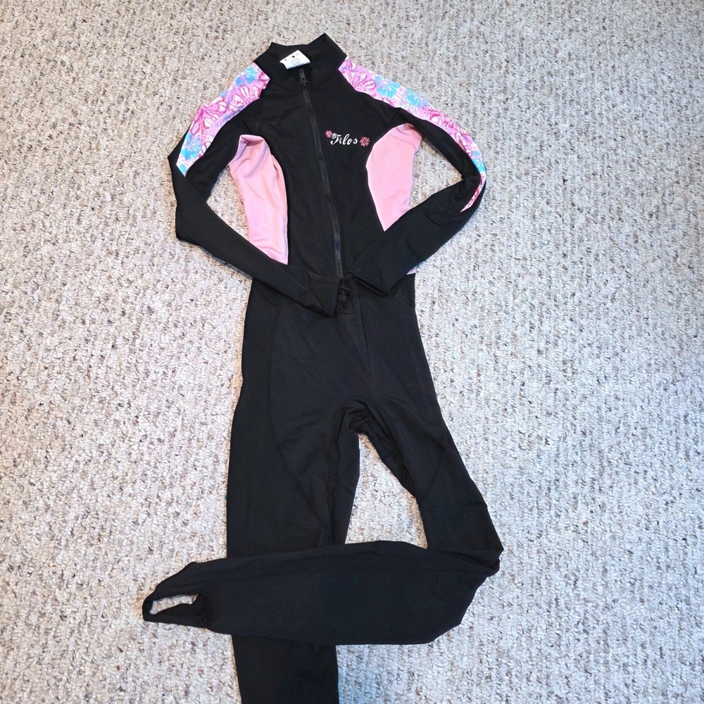 Tilos Full Body Dive Skin Rash Guard Black Pink Floral Stirrup Women Small